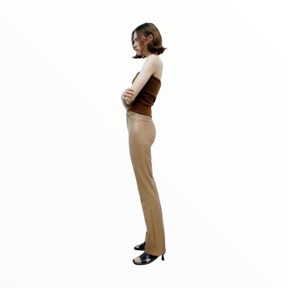 ZARA | Light Brown | FAUX LEATHER FLARED PANTS - Picture 6 of 9